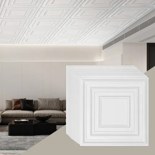 VEVOR Plafondtegels, 12 stuks 24 x 24 inch systeemplafondtegels gemaakt van hoogwaardig PVC-plaat, eenvoudige installatie/snijden, zelfklevende plafondtegels van kunststof, plafondbekleding voor decoratie thuis/op kantoor, wit potloodpatroon