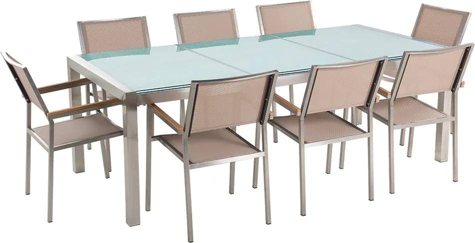 Tuinset matglas/RVS driedelig tafelblad 220 x 100 cm met 8 stoelen beige GROSSETO
