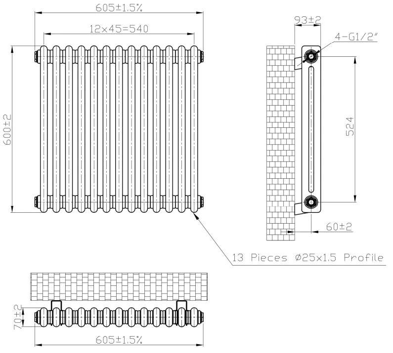 Eastbrook Imperia 2 koloms radiator 60x60cm 826W antraciet