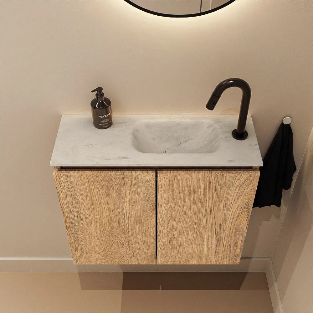 Mondiaz Ture DLux toiletmeubel 60cm washed oak met wastafel opalo rechts met kraangat