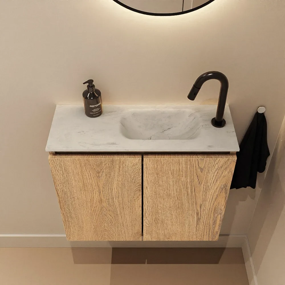 Mondiaz Ture DLux toiletmeubel 60cm washed oak met wastafel opalo rechts met kraangat