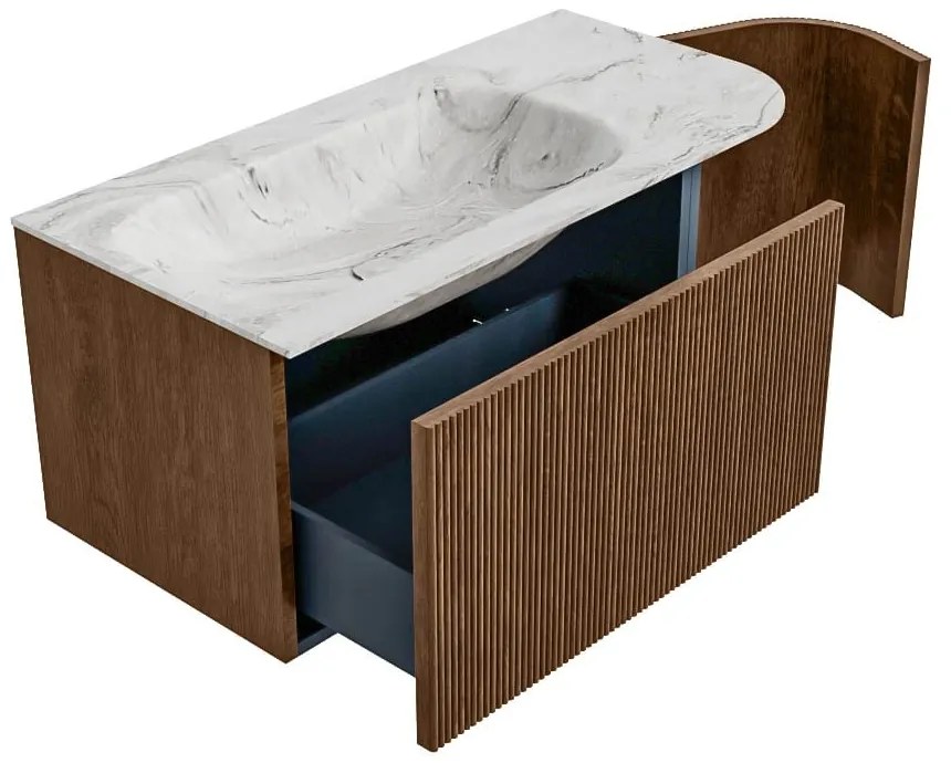 Mondiaz Kurve-dlux 95cm badmeubel ronding rechts walnut met 1 lade en deur en wastafel big small kraangat links glace