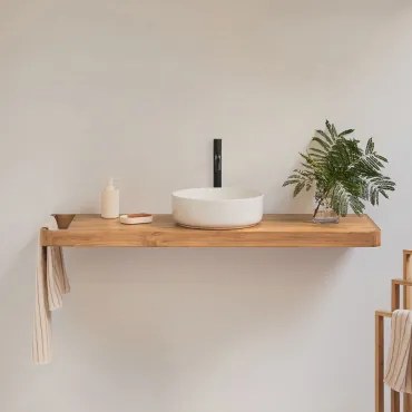 Conjunto Van Meubel 130x45 Cm Hangend In Teakhout Neill Teakhout & Rond Keramiek Wit Ø40 Cm Lenka & Spiegelloze & Mat Zwart ↑30 - Sklum