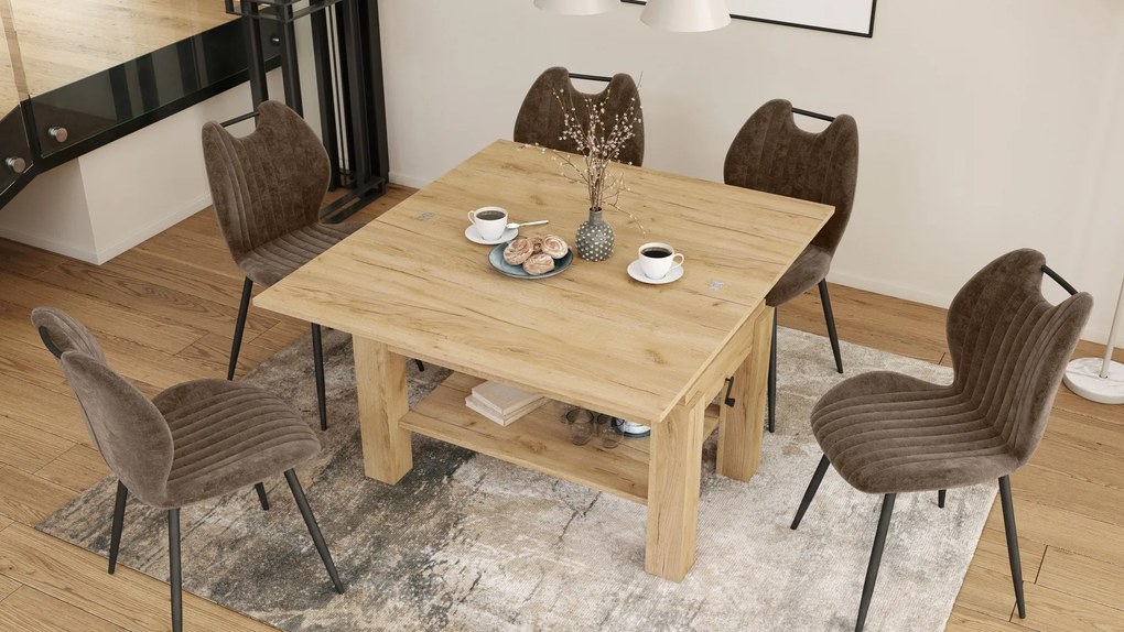 BRAVO goud eiken – uitschuifbare en in hoogte verstelbare salontafel, tafel met plank