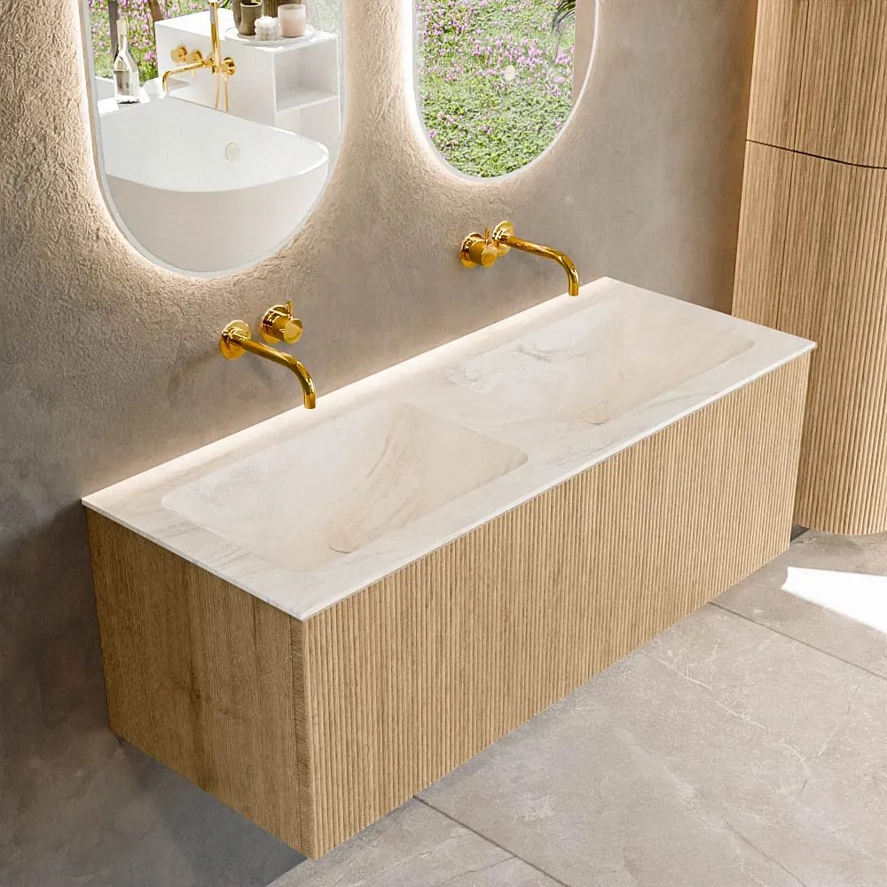 Mondiaz Kurve-dlux 120cm badmeubel oak met 1 lade en wastafel leaf dubbel zonder kraangat ostra