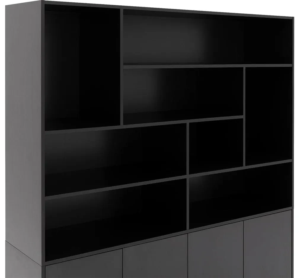 Goossens Basic Buffetkast Madrid, 4 dichte deuren 8 open vakken, zwart melamine, 184 x 191 x 45 cm, elegant chic