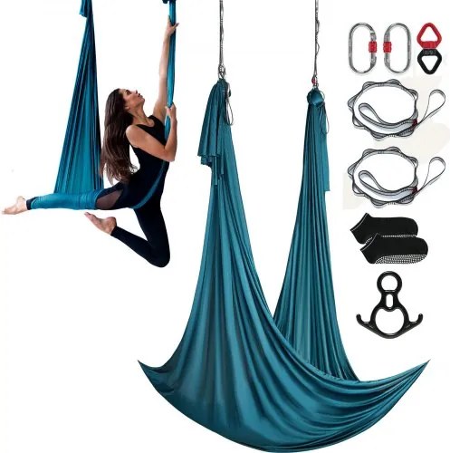 VEVOR Aerial Yoga Hangmatset 10 x 2,8 m, Groene Aerial Yoga Schommel Air Flying, Indoor Aerial Yoga Hangmat Schommel, Max. Draagvermogen 1000 kg, incl. Yogasokken & Stalen Karabijnhaak & Aluminium Draaibare