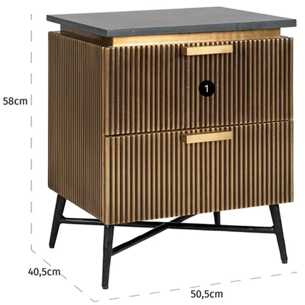 Richmond Interiors Ironville Gouden Nachtkastje Met Marmer - 50.5x40.5x58cm.