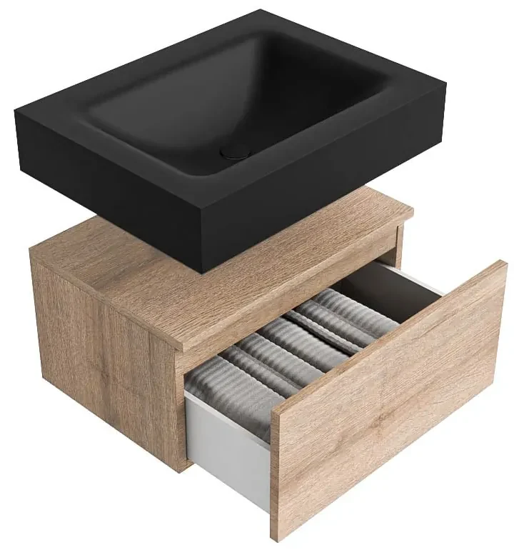 Zaro Alan badmeubel 60cm washed oak 1 lade met vrijhangende wastafel cloud midden 1 kraangat urban