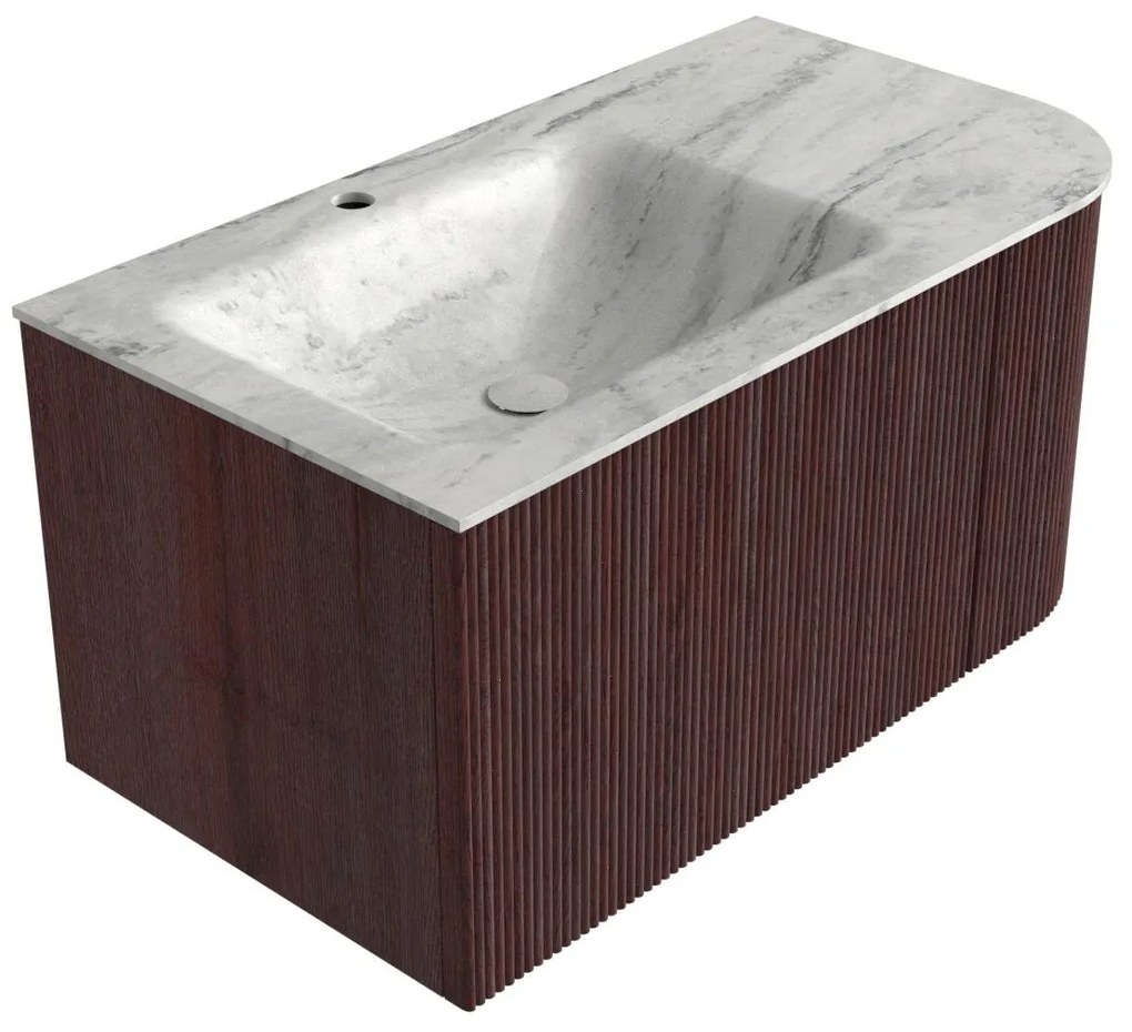 Mondiaz Kurve-dlux 85cm badmeubel ronding rechts ruby met 1 lade en deur en wastafel cloud kraangat links opalo