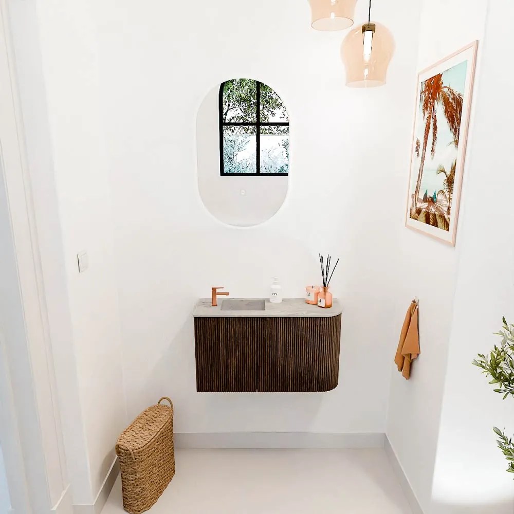 Mondiaz Joya DLux 70cm toiletmeubel ronding rechts walnut met wastafel faye links 1 kraangat glace