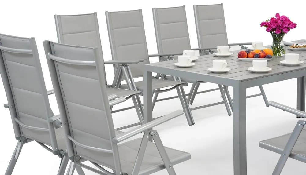 Garden Point lichtgrijze aluminium tuinmeubelen met grote Polywood Verona tafel voor 12 personen