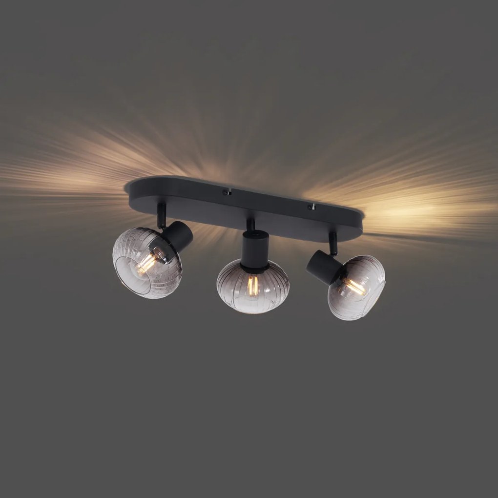 Afgeronde plafondspot zwart met smoke glas 3-lichts - Teddy