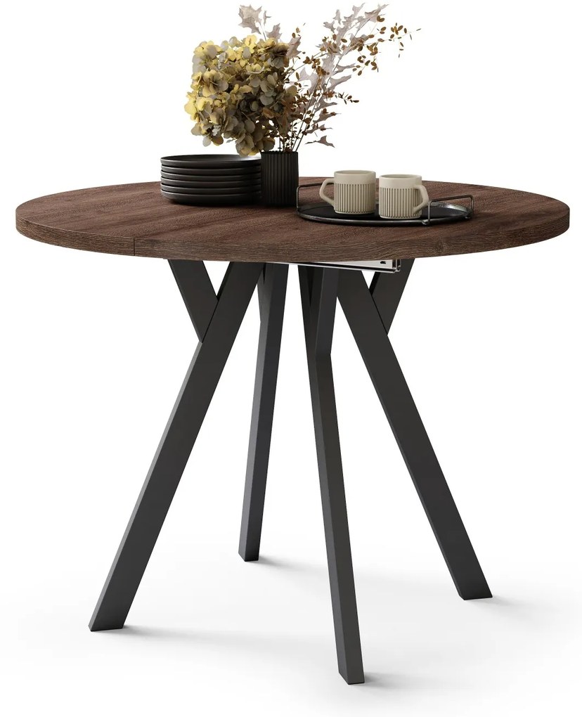 ALDO 100 Eiken Bruin/Zwarte poten - RONDE LOFT/INDUSTRIËLE TAFEL VOOR WOONKAMER/EETKAMER, UITSCHUIFBAAR