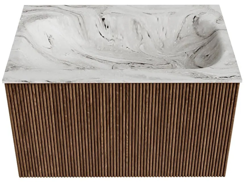 Mondiaz Kurve-dlux 70cm badmeubel walnut met 1 lade en wastafel big small midden 1 kraangat glace