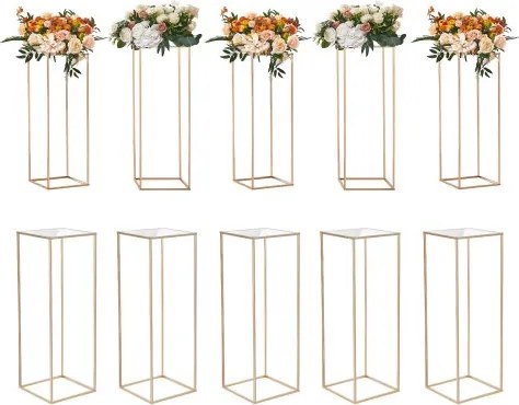 VEVOR Set van 10 vierkante bloemenkrukken 28 x 28 x 80 cm Bloemenstandaard IJzeren bijzettafel Moderne bloemenzuil Goudkleurige galvanische plantenkruk Plantenstandaard Metalen standaard voor decoratie van bars, hotels en cafés