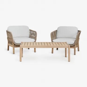 Woonkamerset Met 2 Stoelen Van Gevlochten Touw En Salontafel Van Acaciahout Karvia Lichte Acaciekleur & Stof Wit - Sklum