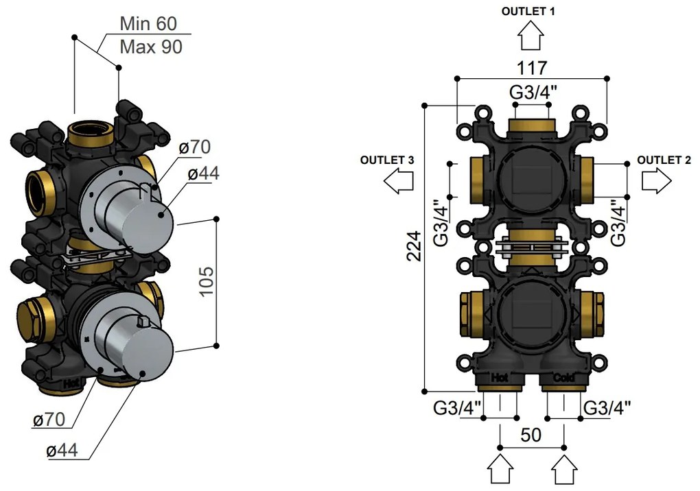 Hotbath ACE inbouw thermostaatkraan 3-wegs koper geborsteld PVD