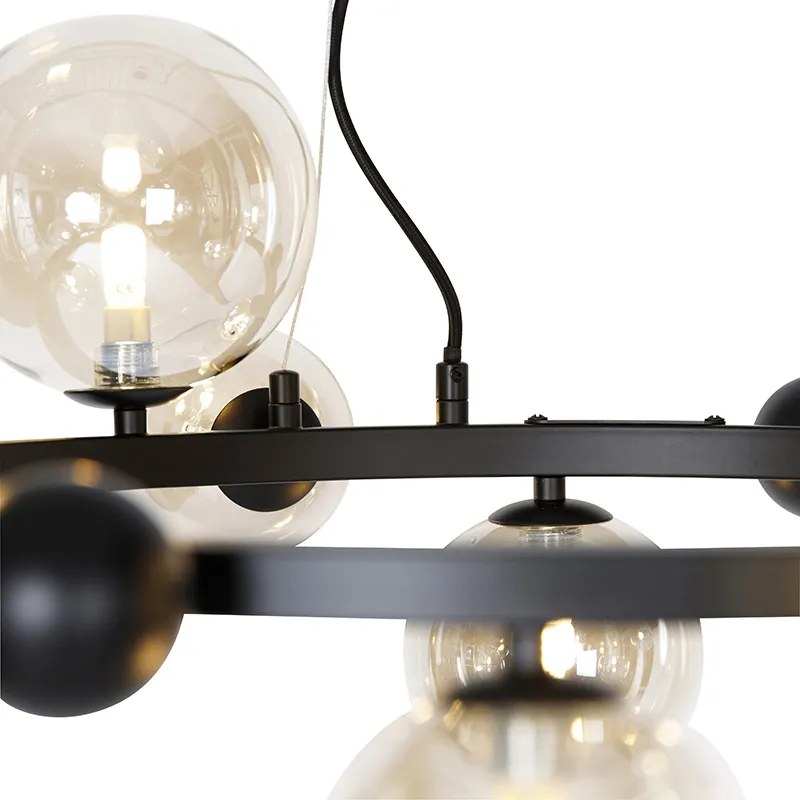 Art deco hanglamp zwart met amber glas 12-lichts - David