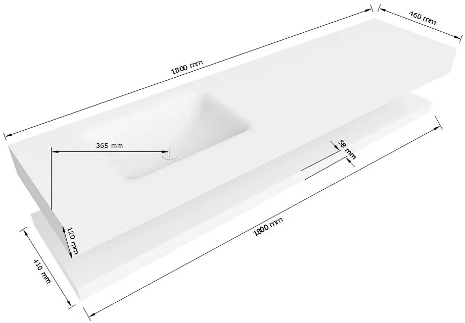 Zaro Alan badmeubel 180cm met planchet talc en vrijhangende wastafel cloud links 1 kraangat urban