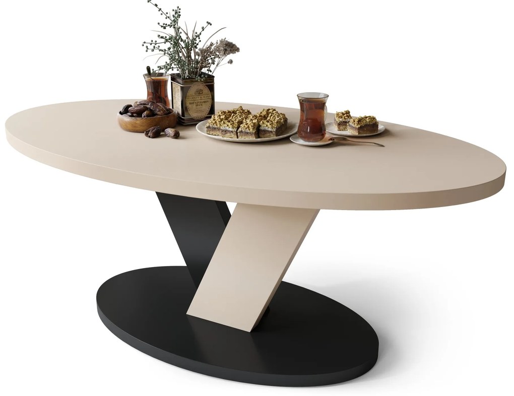 LOVA Beige/Zwart - OVALE SALONTAFEL 110x60 cm MODERNE KOFFIETAFEL