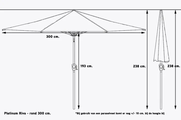 Platinum Riva stokparasol 3 m. rond - Light Grey met voet en hoes