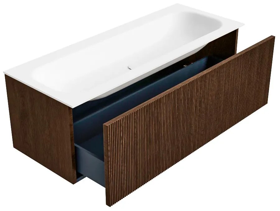Mondiaz Kurve 120cm badmeubel walnut met 1 lade en wastafel big large midden 2 kraangaten
