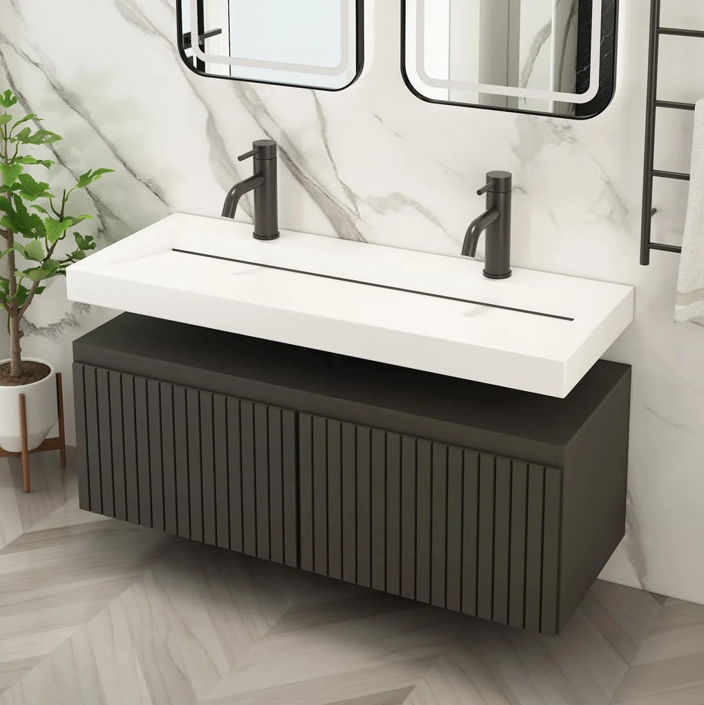Fontana Gala zwart badmeubel ribbelfront met vrijhangende wastafel 120cm 2 kraangaten