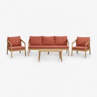 Woonkamerset Met 3-zitsbank, 2 Fauteuils En Salontafel Van Acaciahout En Gevlochten Touw Kaela Lichte Acaciekleur & Stof Terracota - Sklum
