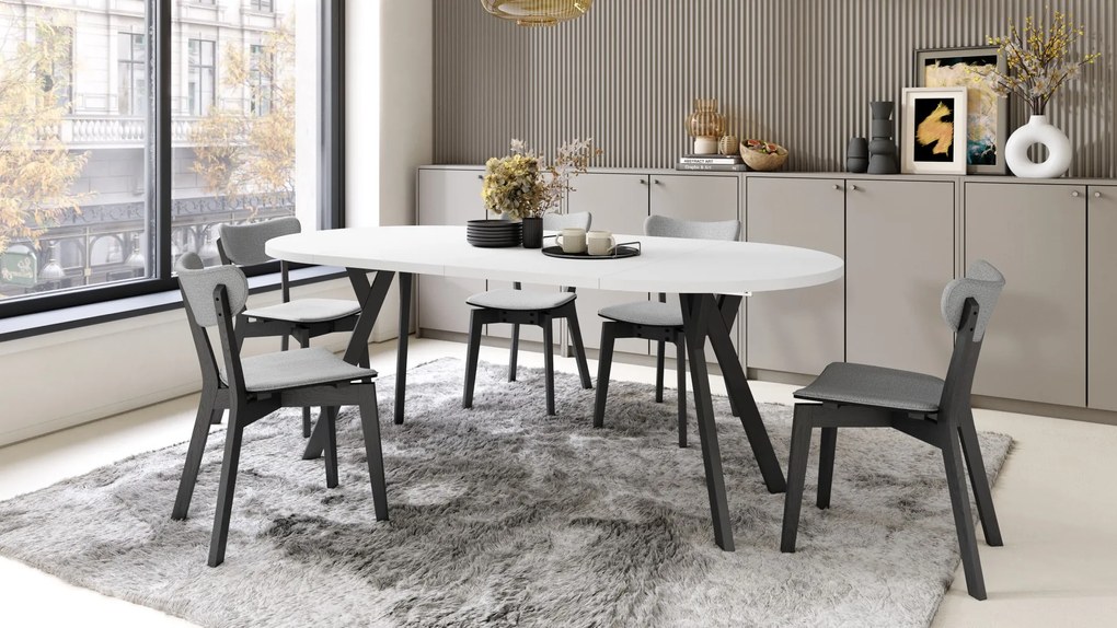 ALDO 100 Wit Mat/Zwarte poten - RONDE LOFT/INDUSTRIËLE TAFEL VOOR WOONKAMER/EETKAMER, UITSCHUIFBAAR