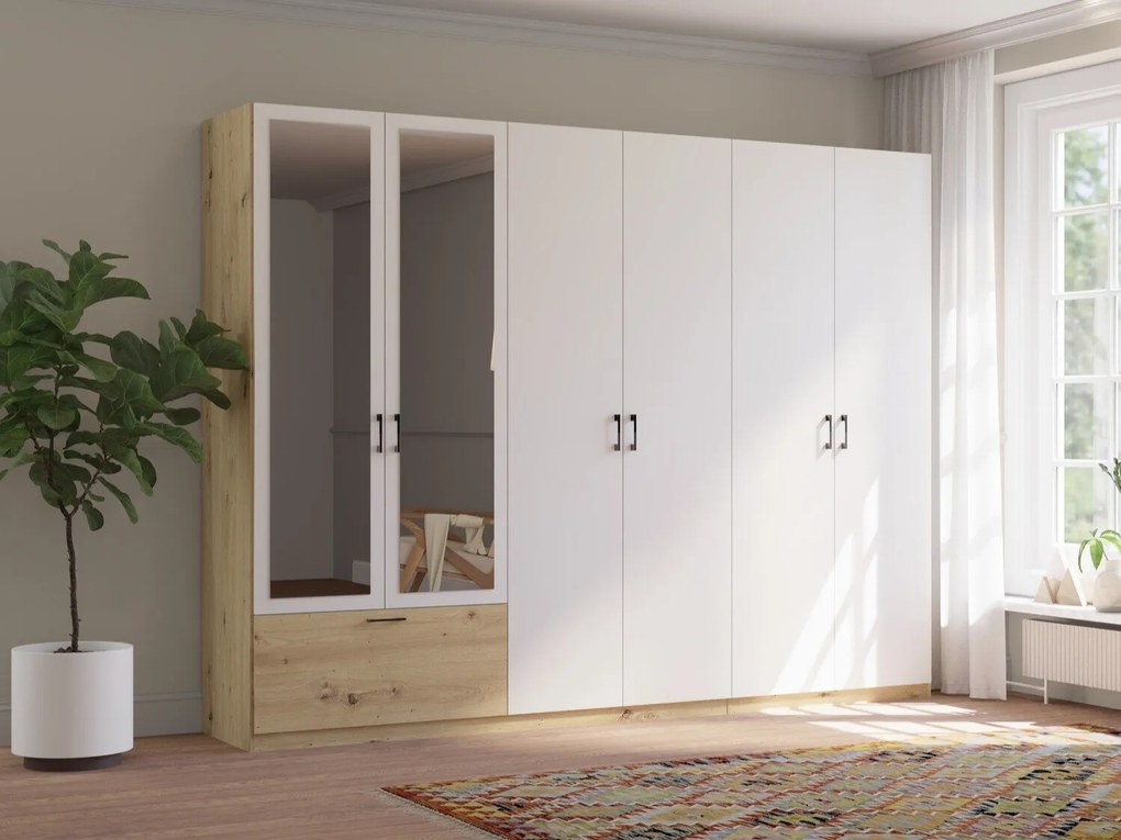 Kledingkast Bristol 215, Artisan eiken, Wit, 210x269x54cm, 198 kg, Kledingkast deuren: Met scharnieren, Aantal planken: 5, Aantal planken: 5