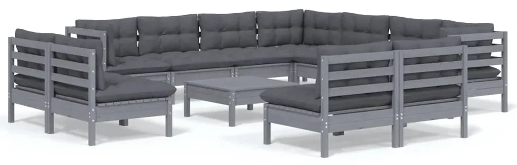 vidaXL 12-delige Loungeset met kussens massief grenenhout grijs