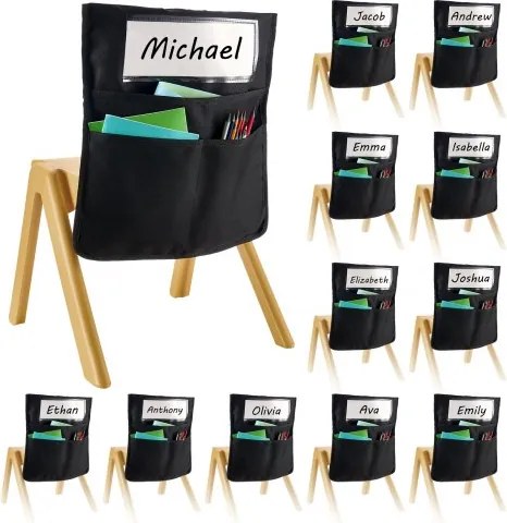 VEVOR Classroom Chair Pocket, 12-pack, 47 x 51 cm, rugleuningzak met naamplaatje, stoelrugorganizer voor kinderen in het klaslokaal, kleuterschool, school en thuis, zwart