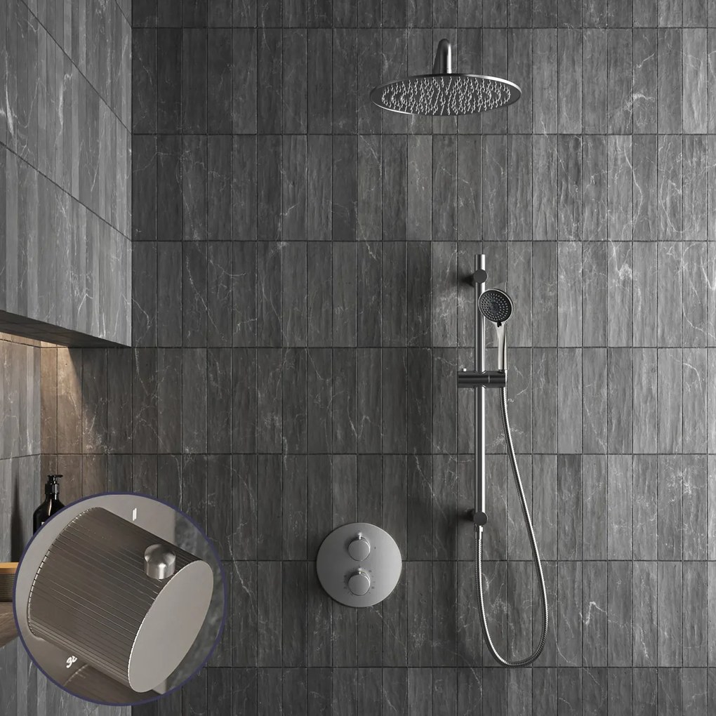 Saniclear Exclusive Stripes inbouw regendouche rond met 20cm hoofddouche, muurarm, 3 standen handdouche en glijstang RVS