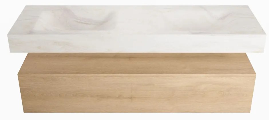 Mondiaz Alan DLux badmeubel 150cm washed oak 1 lade met wastafel ostra dubbel 2 kraangaten