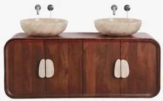 Dubbel Zwevend Badkamermeubelset 130x45 Cm Van Mangohout En Natuurlijke Kivalina-steen Travertijn - Donker Mangohout & 2 X Ronde Travertijn Ø40 -