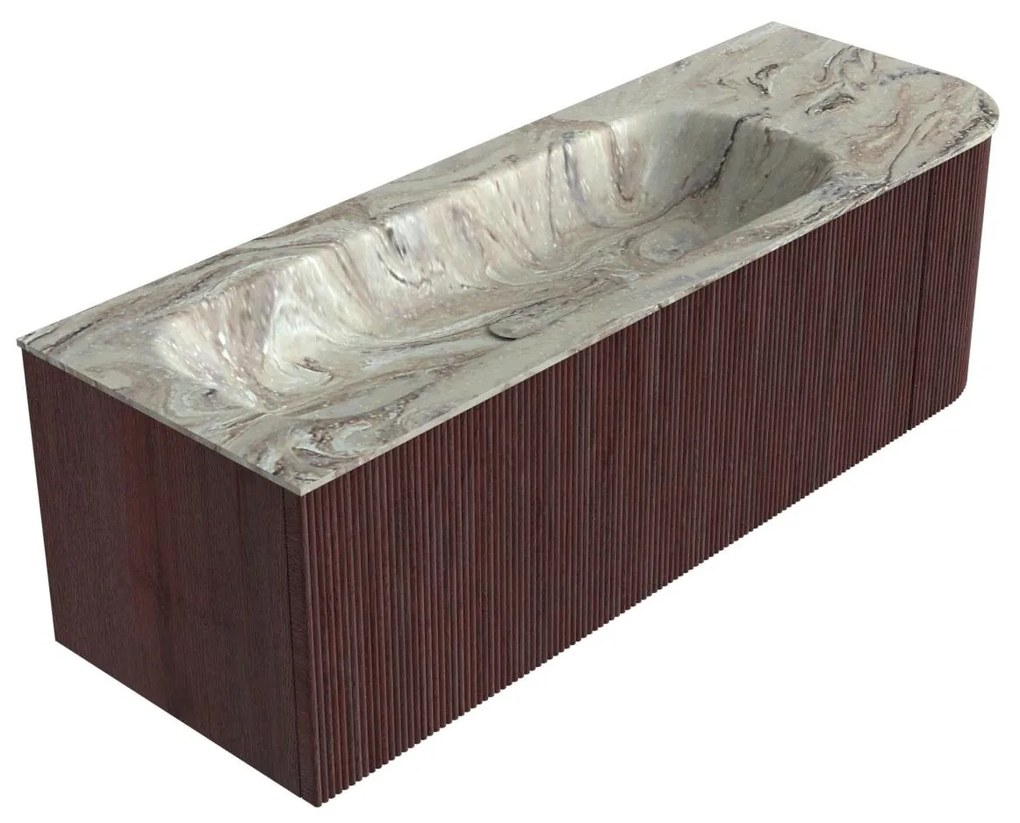 Mondiaz Kurve-dlux 135cm badmeubel ronding rechts ruby met 1 lade en deur en wastafel big medium links zonder kraangat glace