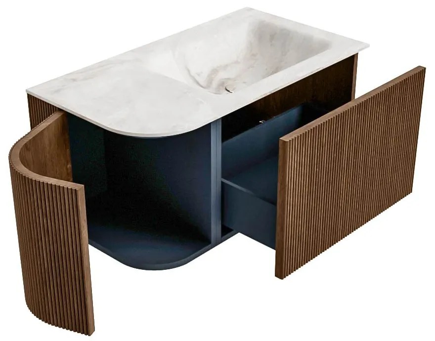 Mondiaz Kurve-dlux 85cm badmeubel ronding links walnut met 1 lade en deur en wastafel cloud rechts zonder kraangat frappe