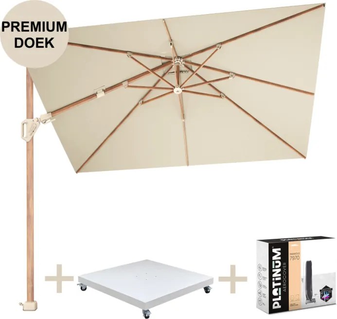 Challenger T2 premium parasol 260x350 cm teak champagne met zandkleur 90kg voet en hoes
