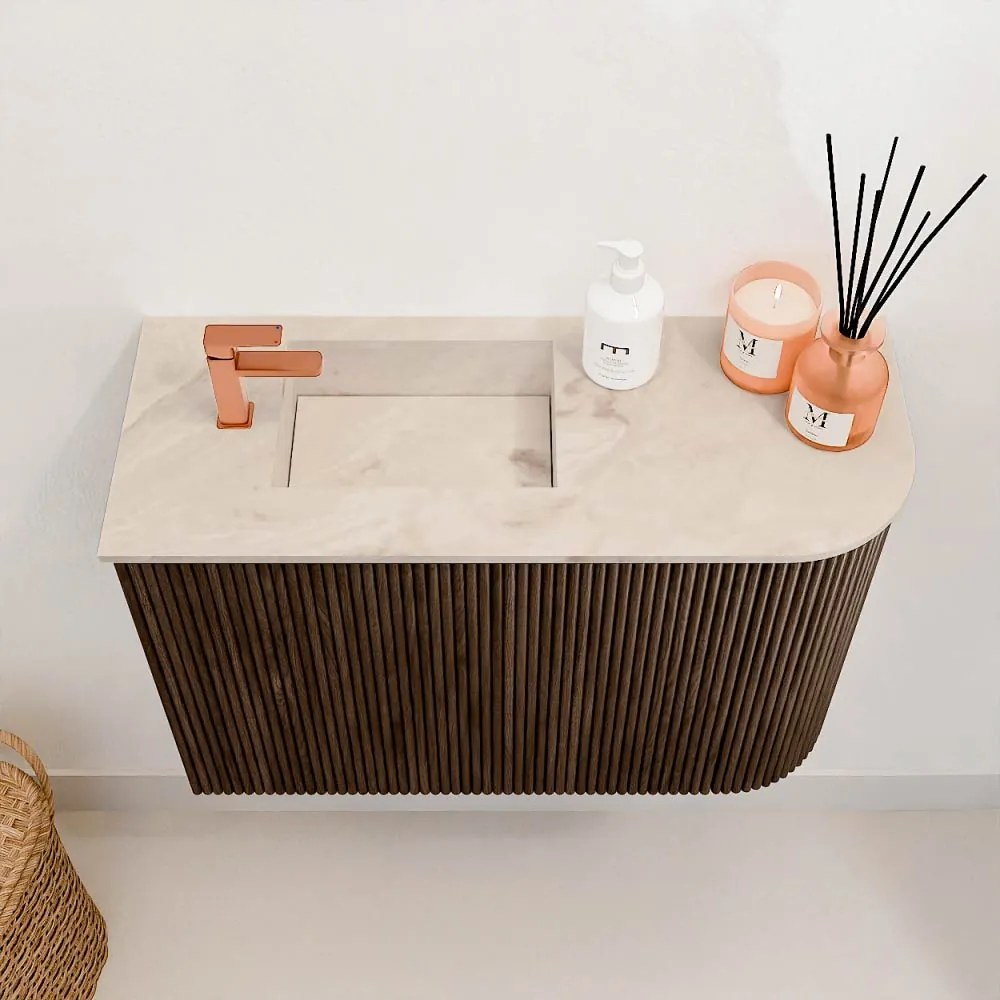 Mondiaz Joya DLux 60cm toiletmeubel ronding rechts walnut met wastafel faye links 1 kraangat frappe