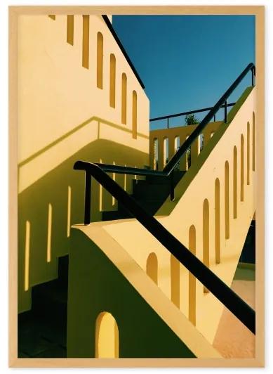 Architecture High Contrast Staircase door Eloise Holmes ingelijste print, A2, geel en blauw