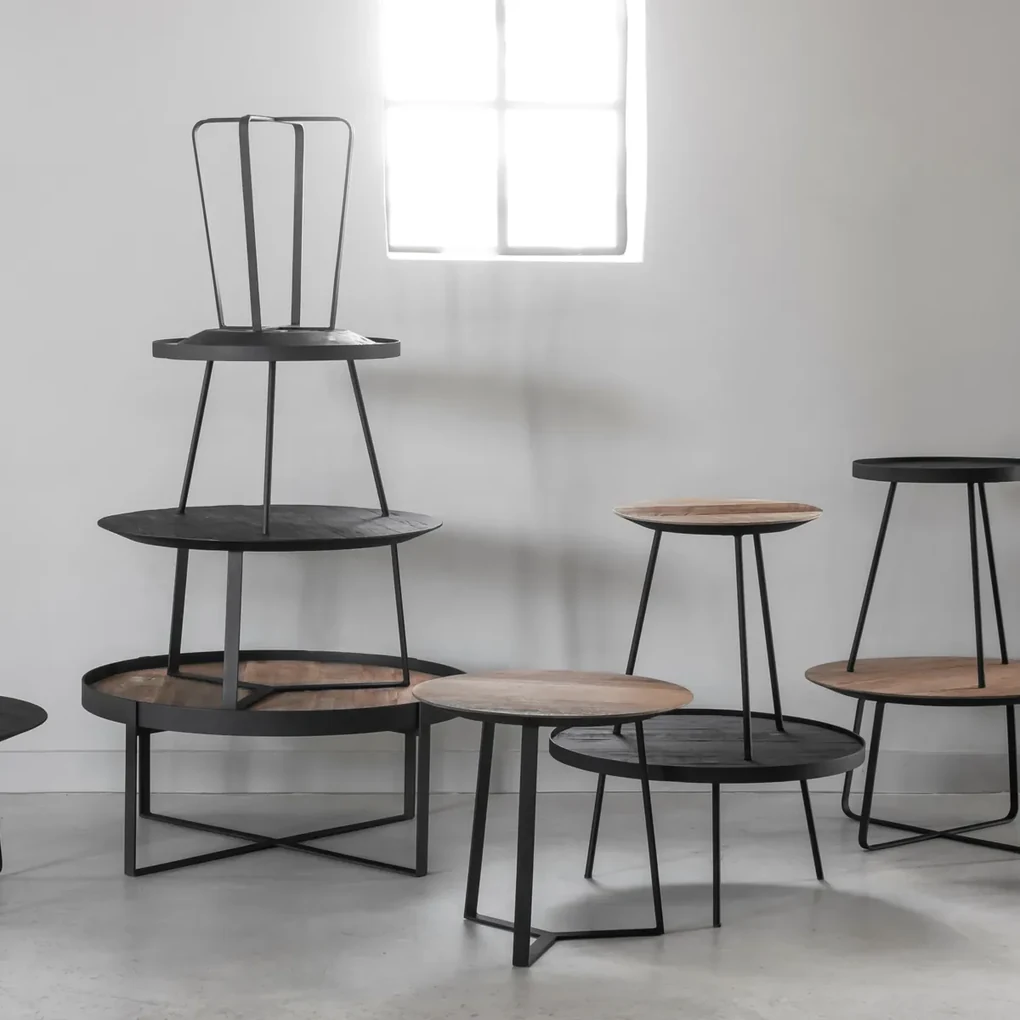 Ronde Salontafelset Zwart Teak En Metaal