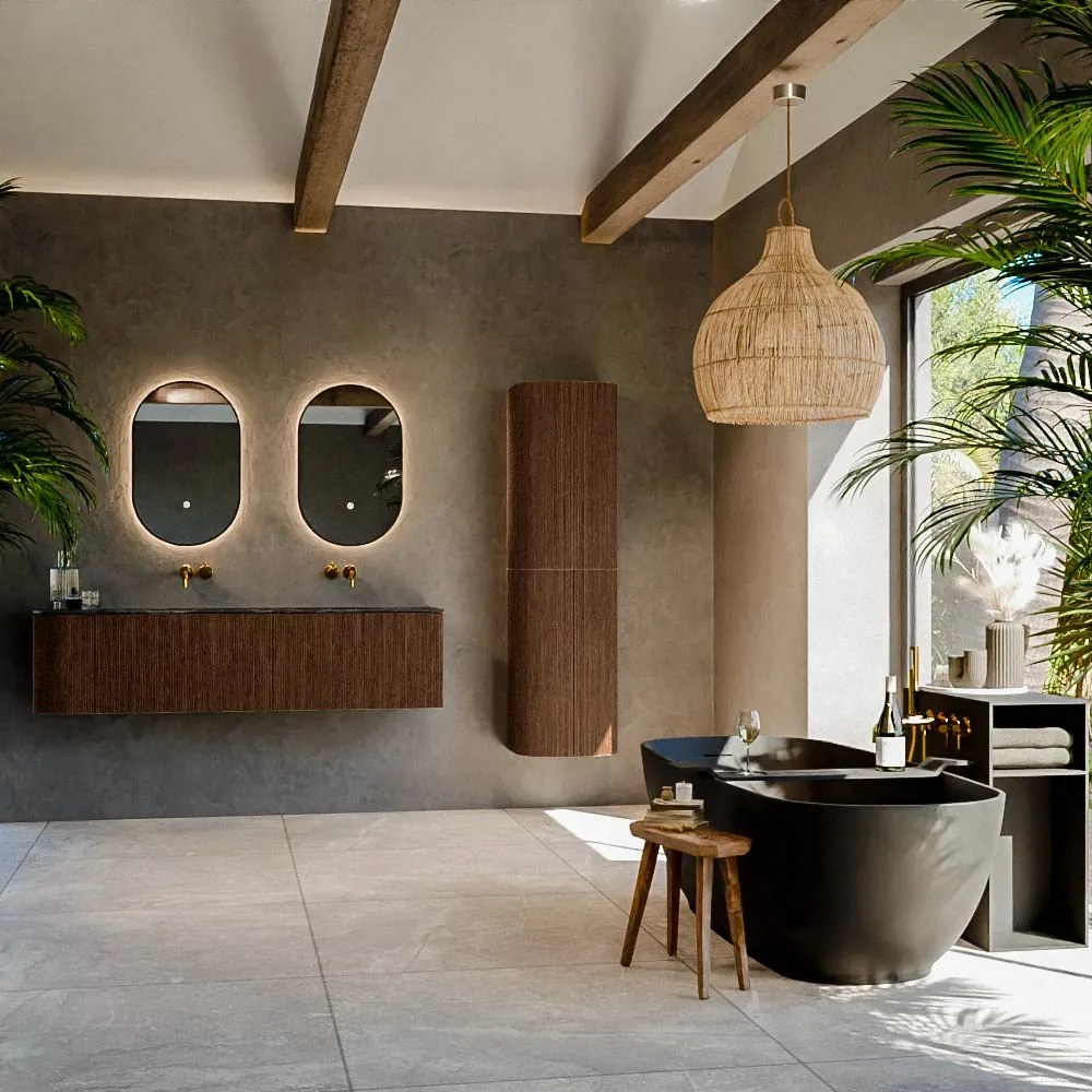 Mondiaz Kurve-dlux 165cm badmeubel ronding links walnut met 2 lades en 1 deur en wastafel stor small dubbel/rechts zonder kraangat lava