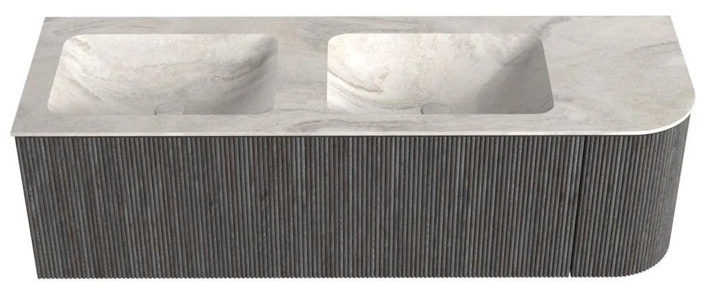 Mondiaz Kurve-dlux 145cm badmeubel ronding rechts shadow met 1 lade en deur en wastafel leaf dubbel/links zonder kraangat ostra