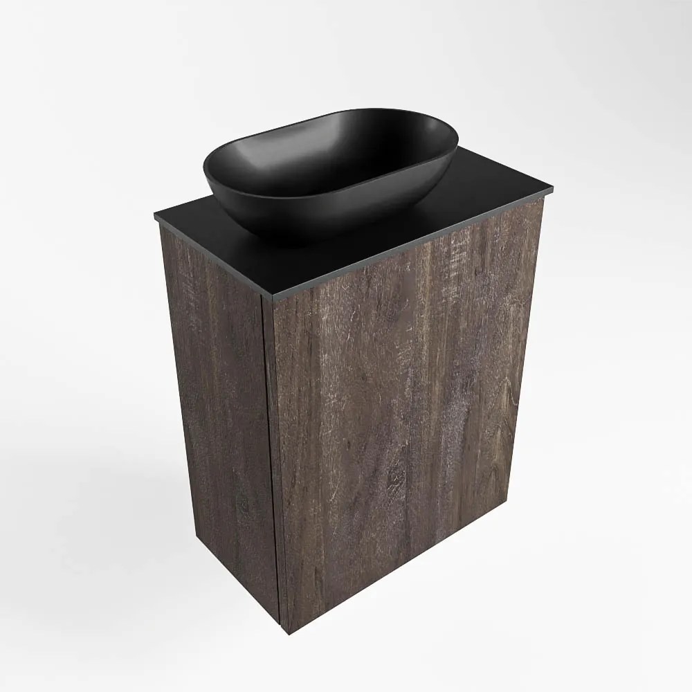 Mondiaz Fowy toiletmeubel 40cm dark brown met zwarte waskom links en kraangat