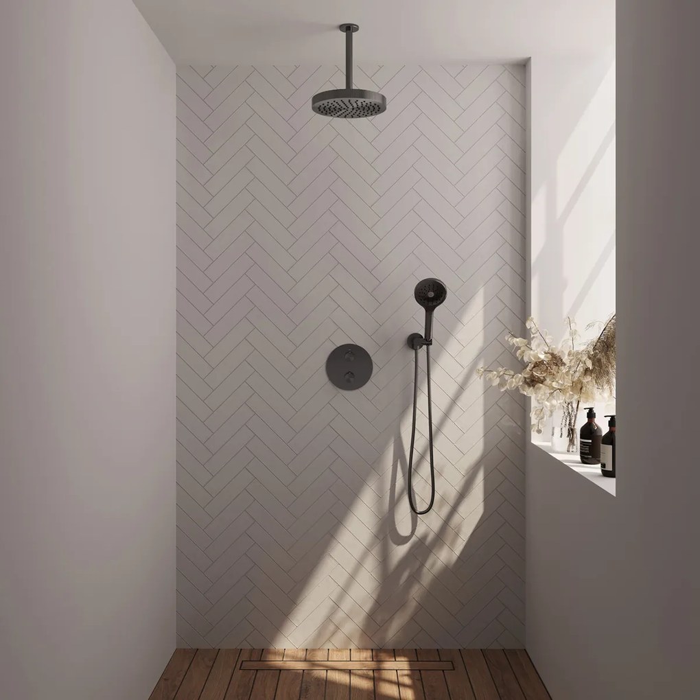 Brauer Stripe inbouw regendouche rond met 25cm hoofddouche, plafondarm en 3 standen handdouche set 42 gunmetal geborsteld PVD