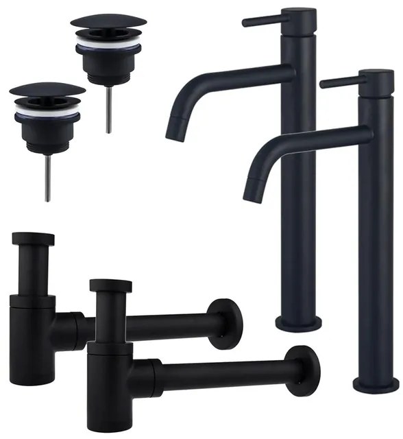 Fortifura Calvi Slim Wastafelkraanset - voor dubbele wastafel - verhoogde wastafelkraan - always open plug - verlaagde design sifon - Mat zwart 2x SW377836/2x SW696205/2x SW696215
