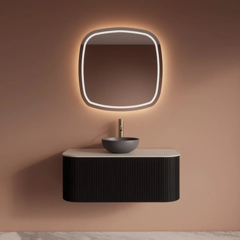 Gliss Design Alluro badmeubel ribbelfront met ronding links/rechts 100cm black en wit marmer toppaneel