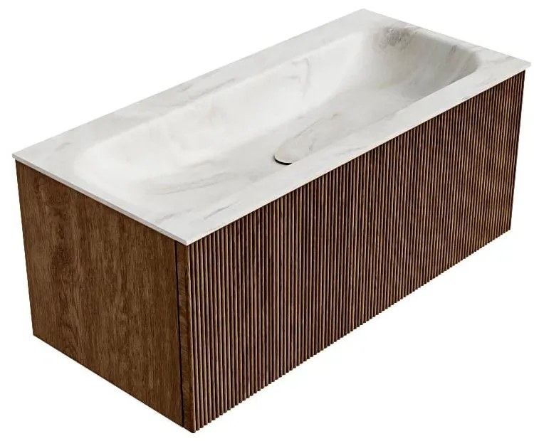 Mondiaz Kurve-dlux 100cm badmeubel walnut met 1 lade en wastafel big medium midden zonder kraangat ostra