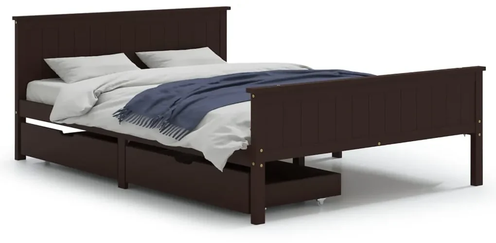 vidaXL Bedframe met 2 lades 140x200 cm massief grenenhout donkerbruin